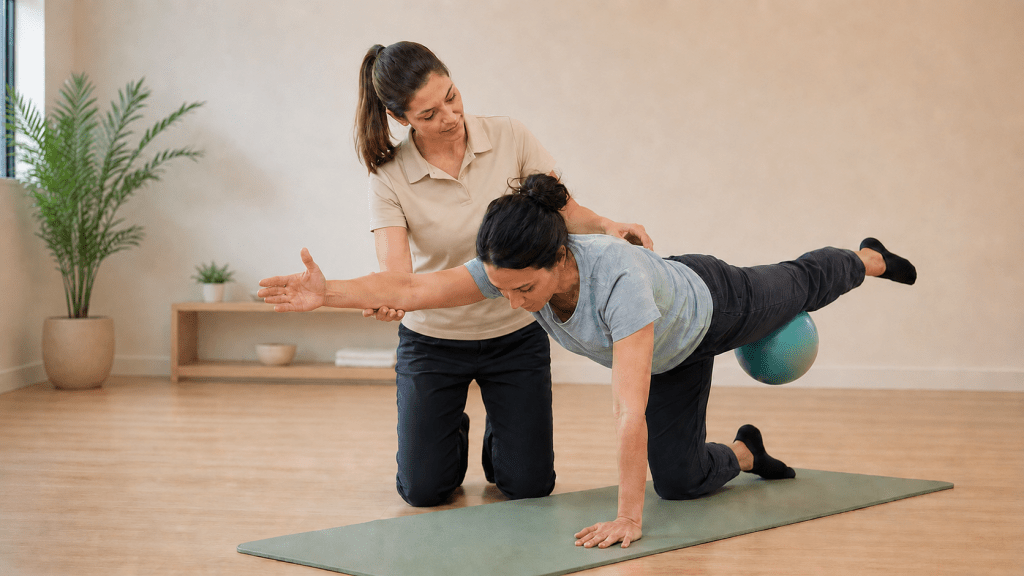 Sessão de Pilates Clínico orientada por fisioterapeuta no Fisicamente, no Porto