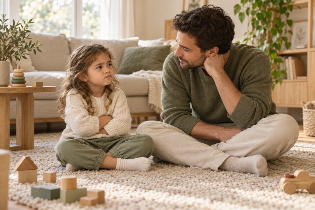 Pai sentado ao lado da filha, acompanhando com calma um momento de frustração.